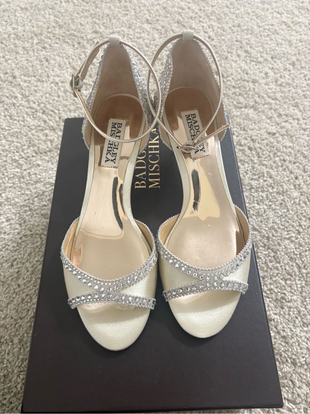 Badgley Mischka Ivory Satin Crystal-Embellished T-Strap Heels. Like New. - Picture 2 of 6